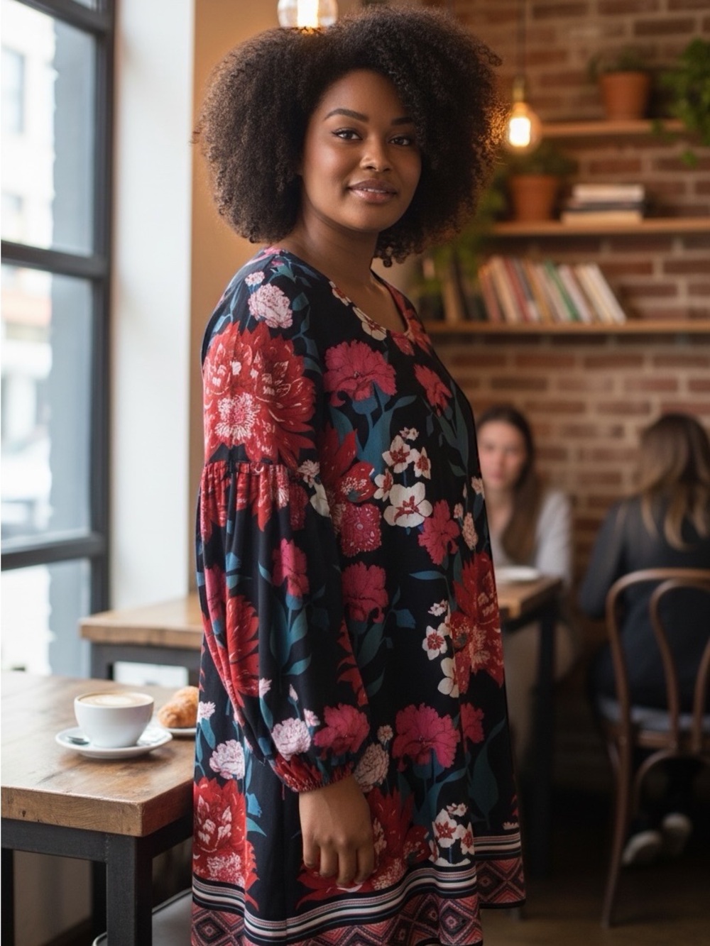 Umgee Black Long-Sleeve Floral Tunic Dress with Red & Pink Blooms